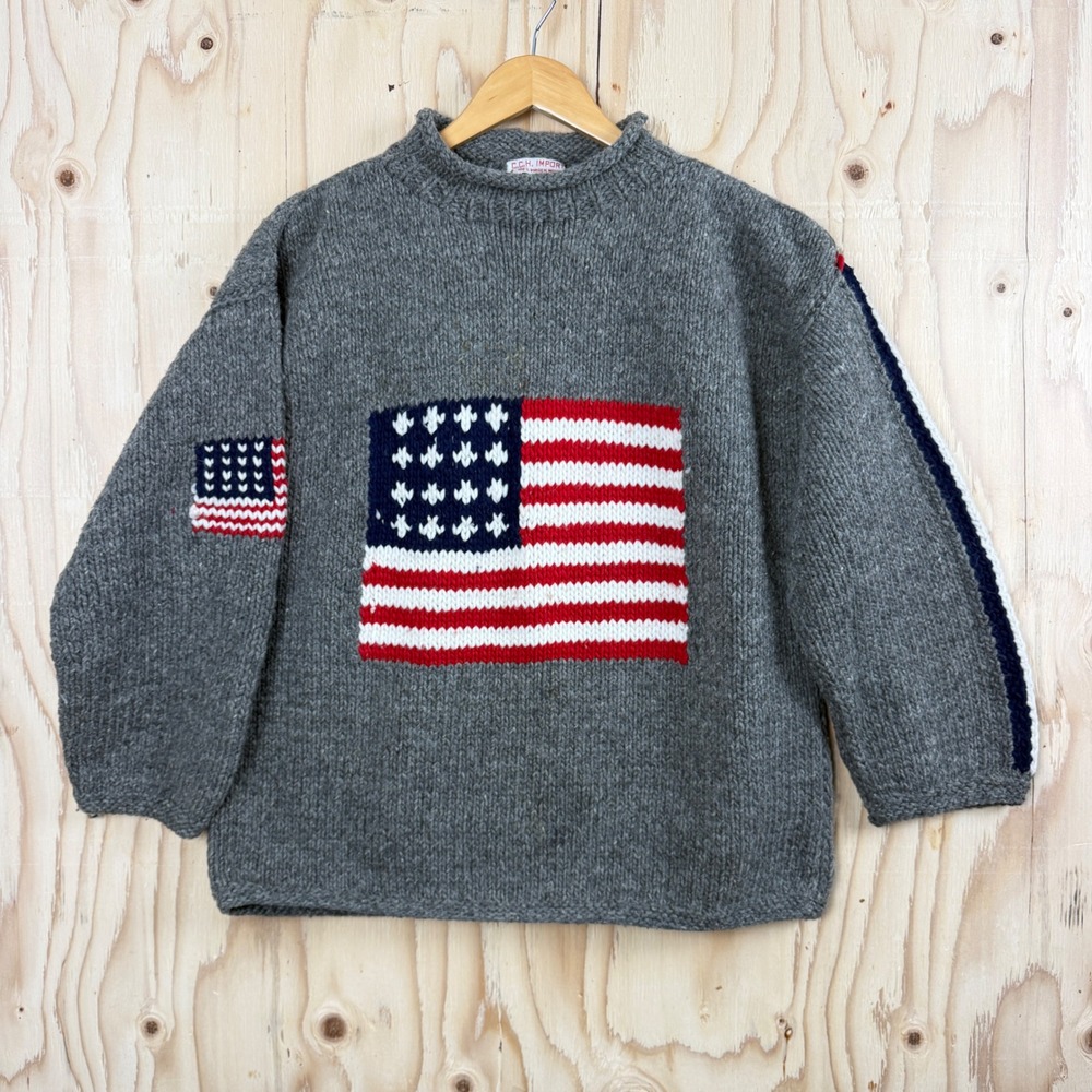 Vintage C.C.H Imports Handmade American Flag Sweater XL Gray Virgin Wool Equador